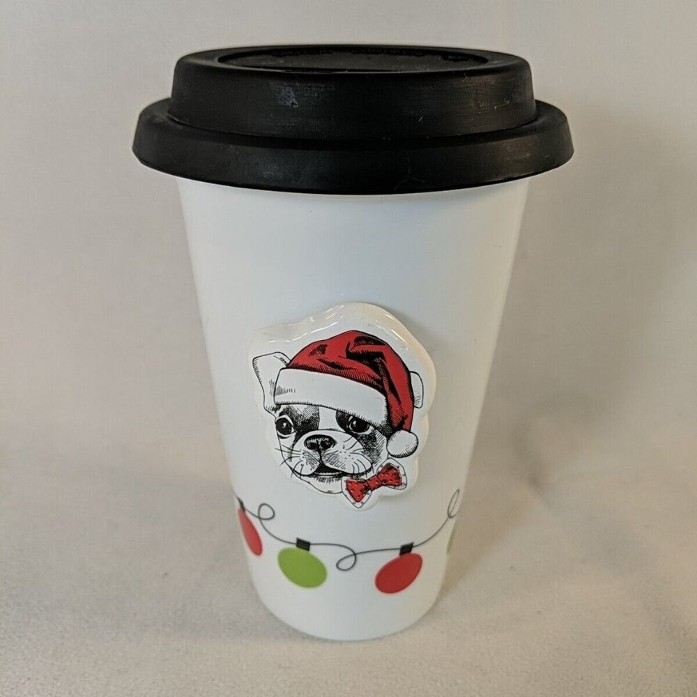 C.R. Gibson Santa Dog Christmas Travel Mug Ceramic Lid Ornaments 10 oz Tumbler